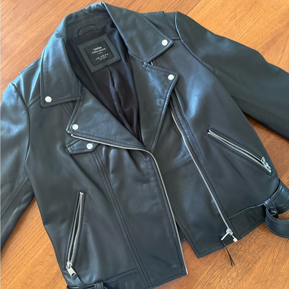 Zara Black Leather Moto Jacket with Silver Hardware